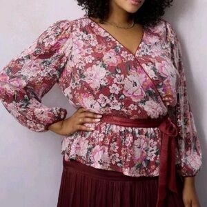 LC Lauren Conrad Plus Size 2X Sequin Puff Sleeve Wrap Top Blouse Belted Floral